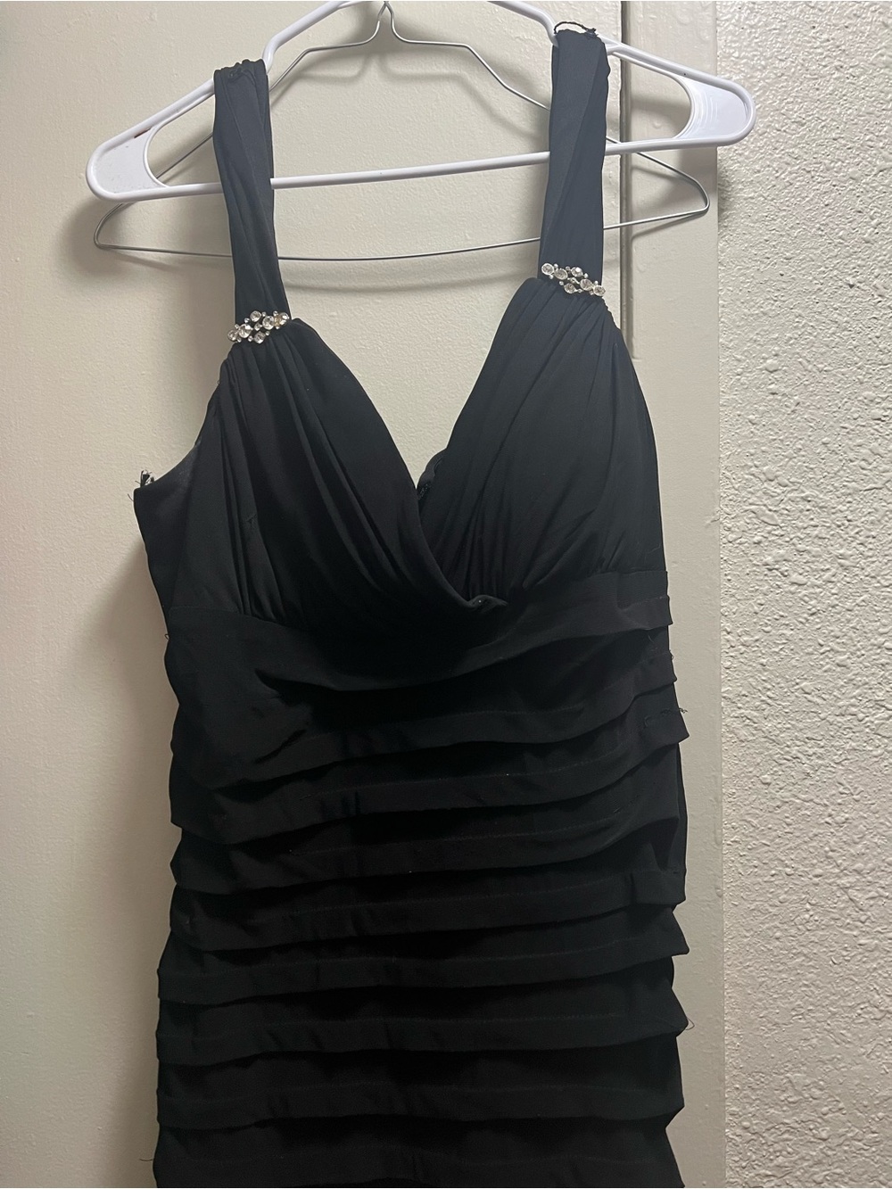 R&M Richards Black Tiered V-Neck Evening Dress with Rhinestone Accents